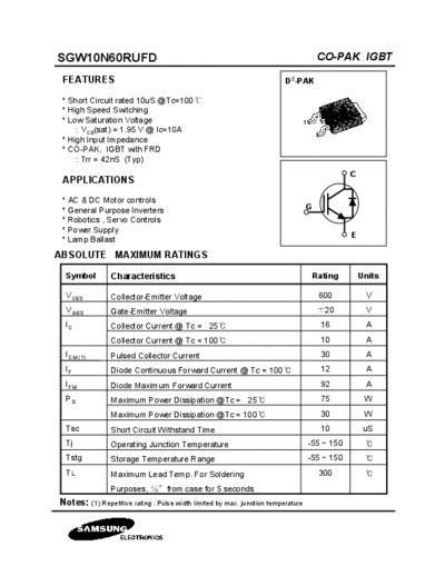 Samsung sgw10n60rufd  . Electronic Components Datasheets Active components Transistors Samsung sgw10n60rufd.pdf