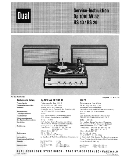 DUAL ve   dp 1010 av52 hs 10 20 service de  . Rare and Ancient Equipment DUAL Audio HS 10 ve_dual_dp_1010_av52_hs_10_20_service_de.pdf