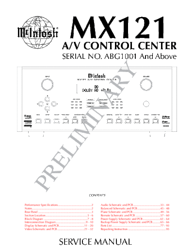 Mc INTOSH hfe mcintosh mx121 service prelim en  . Rare and Ancient Equipment Mc INTOSH Audio MX121 hfe_mcintosh_mx121_service_prelim_en.pdf