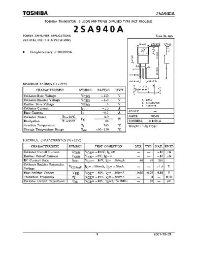 Toshiba 2sa940a  . Electronic Components Datasheets Active components Transistors Toshiba 2sa940a.pdf