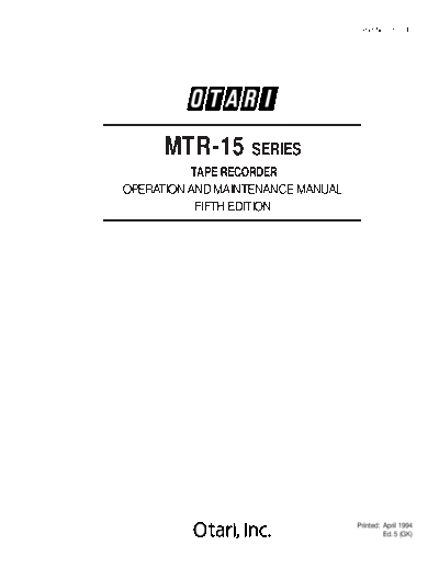 OTARI hfe   mtr-15 op maintenance en  . Rare and Ancient Equipment OTARI Tape Deck MTR-15 hfe_otari_mtr-15_op_maintenance_en.pdf