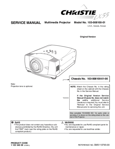 CHRISTIE christie lx55 chassis 103-008100-01-00 sm  . Rare and Ancient Equipment CHRISTIE Beamer LX55 christie_lx55_chassis_103-008100-01-00_sm.pdf