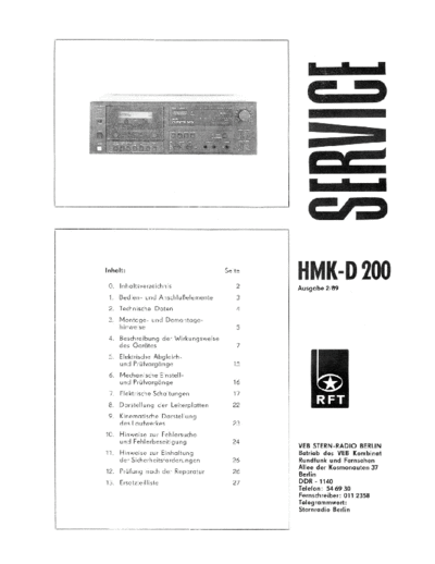 RFT hfe   hmk-d 200 service de  . Rare and Ancient Equipment RFT Audio HMK-D 200 hfe_rft_hmk-d_200_service_de.pdf