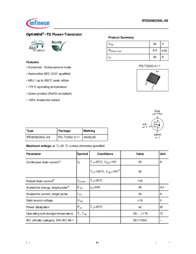 Infineon ipd30n03s4l-09 ds 1 1  . Electronic Components Datasheets Active components Transistors Infineon ipd30n03s4l-09_ds_1_1.pdf