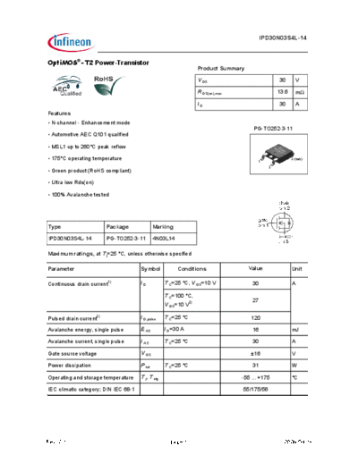 Infineon ipd30n03s4l-14 ds 2 1  . Electronic Components Datasheets Active components Transistors Infineon ipd30n03s4l-14_ds_2_1.pdf