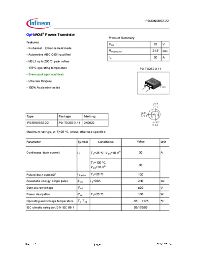 Infineon ipd30n08s2-22 green  . Electronic Components Datasheets Active components Transistors Infineon ipd30n08s2-22_green.pdf