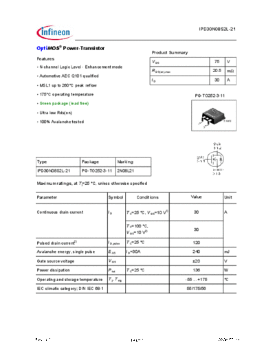 Infineon ipd30n08s2l-21 green  . Electronic Components Datasheets Active components Transistors Infineon ipd30n08s2l-21_green.pdf