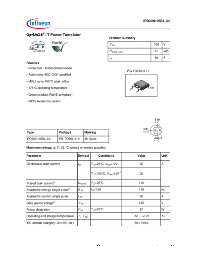 Infineon ipd30n10s3l-34 ds 1 1  . Electronic Components Datasheets Active components Transistors Infineon ipd30n10s3l-34_ds_1_1.pdf