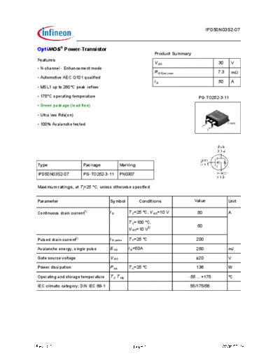 Infineon ipd50n03s2-07 green  . Electronic Components Datasheets Active components Transistors Infineon ipd50n03s2-07_green.pdf