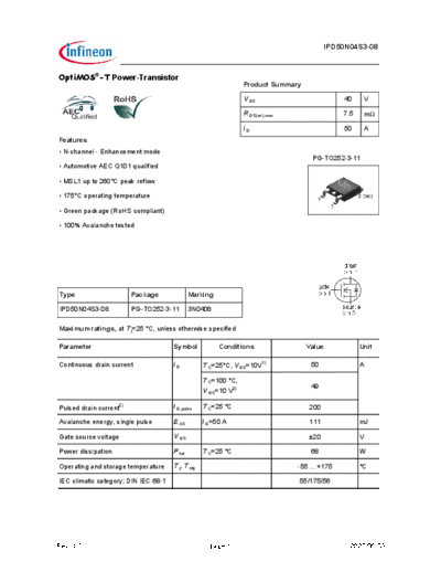 . Electronic Components Datasheets ipd50n04s3-08 ds 1 0  . Electronic Components Datasheets Active components Transistors Infineon ipd50n04s3-08_ds_1_0.pdf