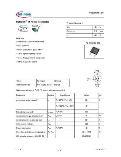 Infineon ipd50n04s4-08 ds 1 0  . Electronic Components Datasheets Active components Transistors Infineon ipd50n04s4-08_ds_1_0.pdf
