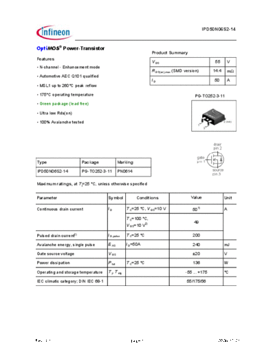 Infineon ipd50n06s2-14 green ds 1 1  . Electronic Components Datasheets Active components Transistors Infineon ipd50n06s2-14_green_ds_1_1.pdf