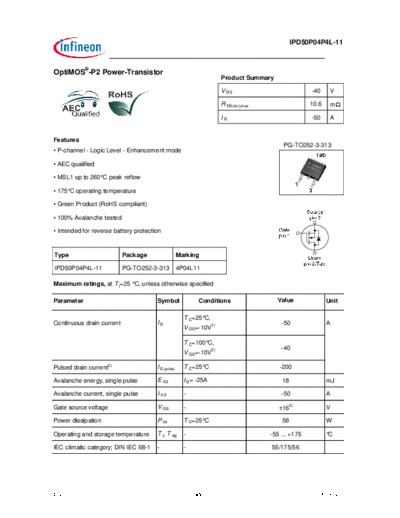 Infineon ipd50p04p4l-11-datasheet- -v10  . Electronic Components Datasheets Active components Transistors Infineon ipd50p04p4l-11-datasheet-infineon-v10.pdf