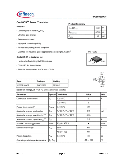Infineon ipd50r399cp rev2 1b  . Electronic Components Datasheets Active components Transistors Infineon ipd50r399cp_rev2_1b.pdf