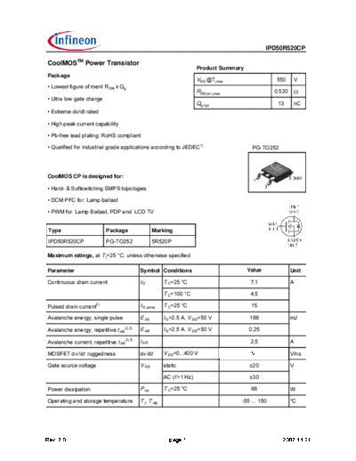 Infineon ipd50r520cp rev21  . Electronic Components Datasheets Active components Transistors Infineon ipd50r520cp_rev21.pdf