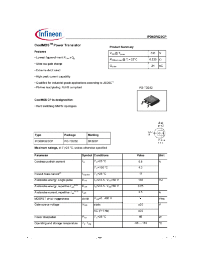 Infineon ipd60r520cp rev2.0  . Electronic Components Datasheets Active components Transistors Infineon ipd60r520cp_rev2.0.pdf