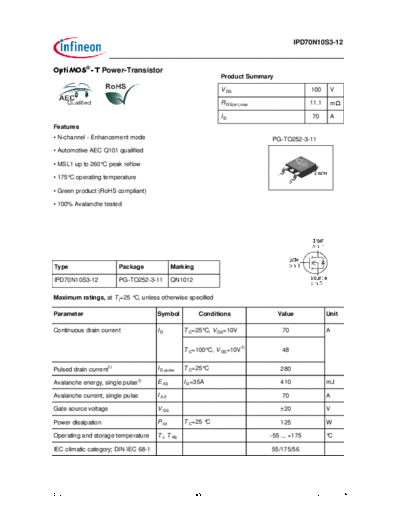 Infineon ipd70n10s3-12 ds 1 1  . Electronic Components Datasheets Active components Transistors Infineon ipd70n10s3-12_ds_1_1.pdf