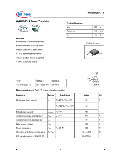Infineon ipd70n10s3l-12 ds 1 1  . Electronic Components Datasheets Active components Transistors Infineon ipd70n10s3l-12_ds_1_1.pdf