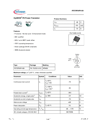 Infineon ipd70p04p4-09 ds 10  . Electronic Components Datasheets Active components Transistors Infineon ipd70p04p4-09_ds_10.pdf