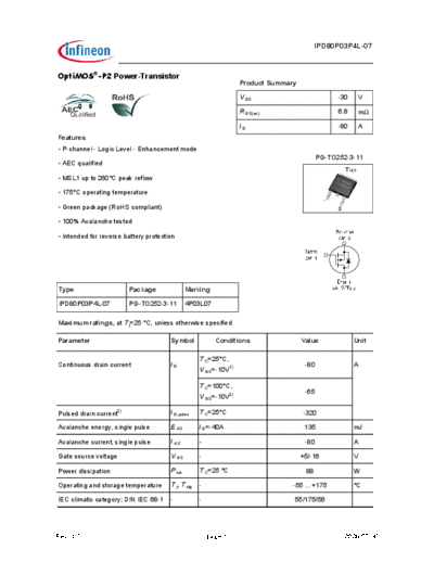 Infineon ipd80p03p4l-07 ds 10  . Electronic Components Datasheets Active components Transistors Infineon ipd80p03p4l-07_ds_10.pdf