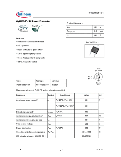 Infineon ipd90n06s4-04 ds 12  . Electronic Components Datasheets Active components Transistors Infineon ipd90n06s4-04_ds_12.pdf
