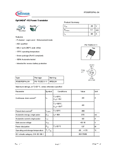 Infineon ipd90p03p4l-04 ds 10  . Electronic Components Datasheets Active components Transistors Infineon ipd90p03p4l-04_ds_10.pdf