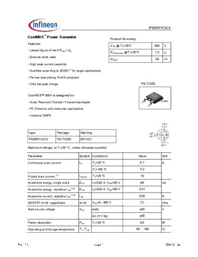 Infineon ipd90r1k2c3 1.0  . Electronic Components Datasheets Active components Transistors Infineon ipd90r1k2c3_1.0.pdf