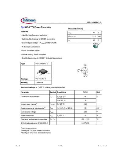Infineon ipd135n08n3 rev2.1  . Electronic Components Datasheets Active components Transistors Infineon ipd135n08n3_rev2.1.pdf