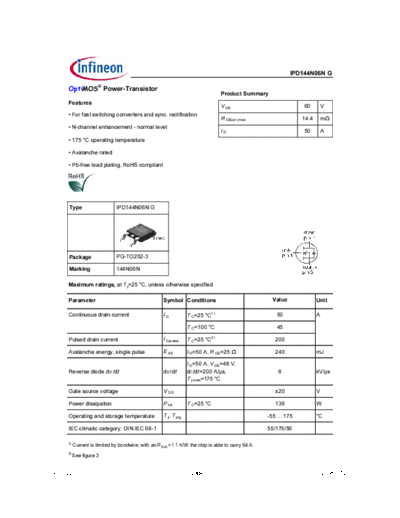 Infineon ipd144n06n g rev1.22  . Electronic Components Datasheets Active components Transistors Infineon ipd144n06n_g_rev1.22.pdf