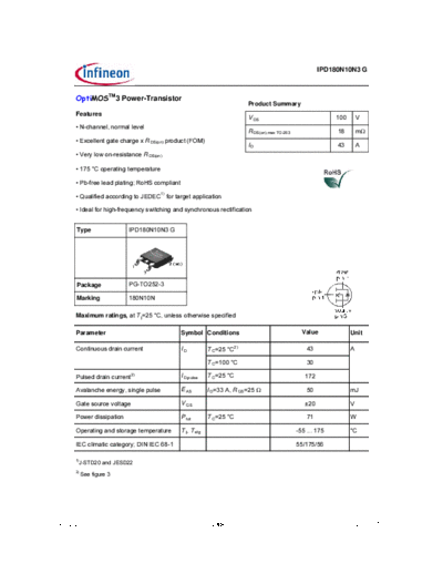 Infineon ipd180n10n3g rev2.2  . Electronic Components Datasheets Active components Transistors Infineon ipd180n10n3g_rev2.2.pdf