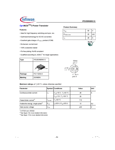 Infineon ipd250n06n3 rev2.0  . Electronic Components Datasheets Active components Transistors Infineon ipd250n06n3_rev2.0.pdf