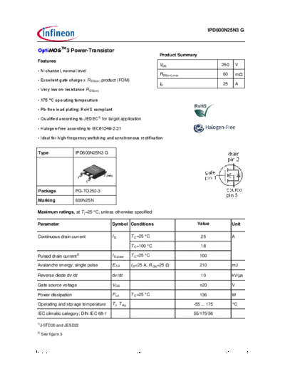 Infineon ipd600n25n3grev2.3  . Electronic Components Datasheets Active components Transistors Infineon ipd600n25n3grev2.3.pdf