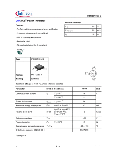 Infineon ipd800n06n g rev1.3  . Electronic Components Datasheets Active components Transistors Infineon ipd800n06n_g_rev1.3.pdf