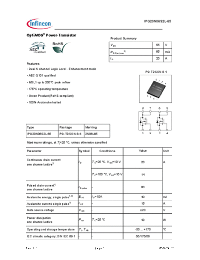 Infineon ipg20n06s2l-65 ds 10  . Electronic Components Datasheets Active components Transistors Infineon ipg20n06s2l-65_ds_10.pdf