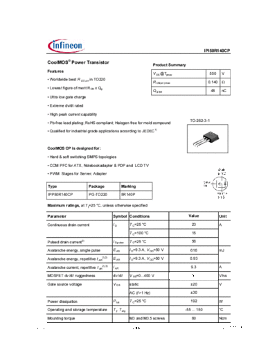 Infineon ipi50r140cp rev2[1].0  . Electronic Components Datasheets Active components Transistors Infineon ipi50r140cp_rev2[1].0.pdf