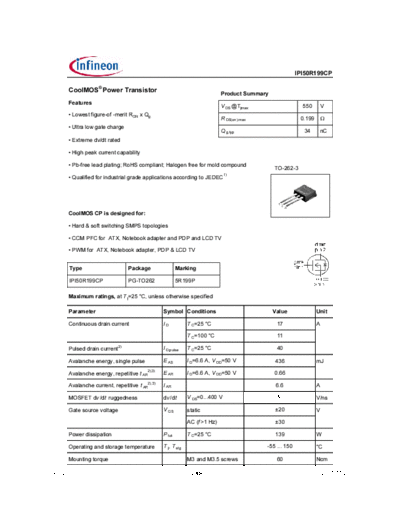 Infineon ipi50r199cp rev2.0  . Electronic Components Datasheets Active components Transistors Infineon ipi50r199cp_rev2.0.pdf