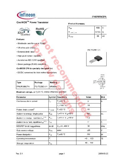 Infineon ipi60r099cpa  . Electronic Components Datasheets Active components Transistors Infineon ipi60r099cpa.pdf