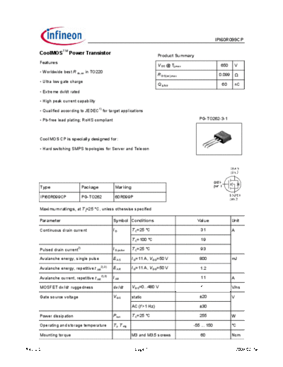 Infineon ipi60r099cp rev20 a  . Electronic Components Datasheets Active components Transistors Infineon ipi60r099cp_rev20_a.pdf