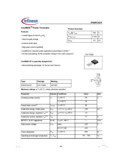 Infineon ipi60r125cp rev2.0  . Electronic Components Datasheets Active components Transistors Infineon ipi60r125cp_rev2.0.pdf