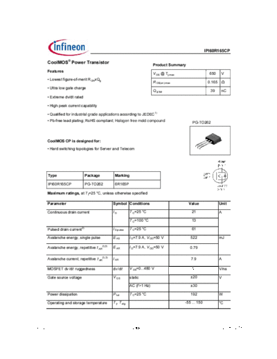Infineon ipi60r165cp rev2.0  . Electronic Components Datasheets Active components Transistors Infineon ipi60r165cp_rev2.0.pdf