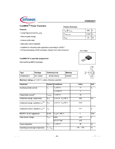 Infineon ipi60r299cp rev2.0  . Electronic Components Datasheets Active components Transistors Infineon ipi60r299cp_rev2.0.pdf