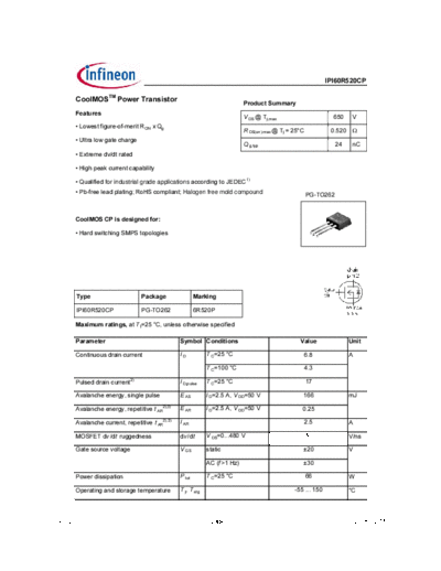 Infineon ipi60r520cp rev2.0  . Electronic Components Datasheets Active components Transistors Infineon ipi60r520cp_rev2.0.pdf