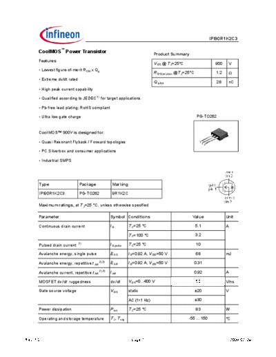 Infineon ipi90r1k2c3 1[1].0  . Electronic Components Datasheets Active components Transistors Infineon ipi90r1k2c3_1[1].0.pdf