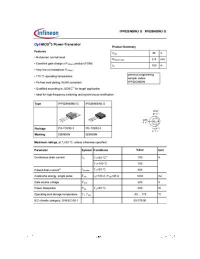 Infineon ipp028n08n3g[1]  . Electronic Components Datasheets Active components Transistors Infineon ipp028n08n3g[1].pdf