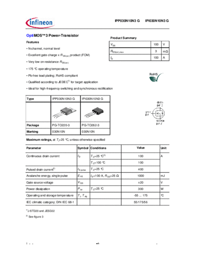 . Electronic Components Datasheets ipp030n10n3g rev21  . Electronic Components Datasheets Active components Transistors Infineon ipp030n10n3g_rev21.pdf