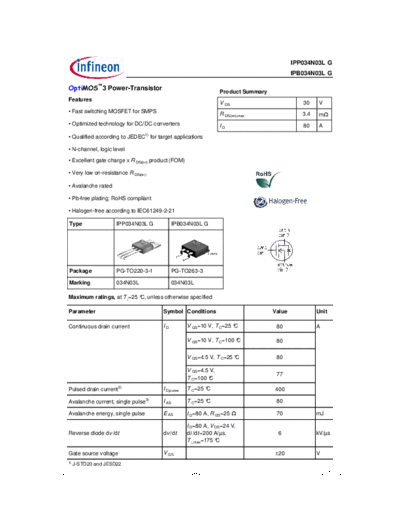 Infineon ipp034n03l rev2.0  . Electronic Components Datasheets Active components Transistors Infineon ipp034n03l_rev2.0.pdf