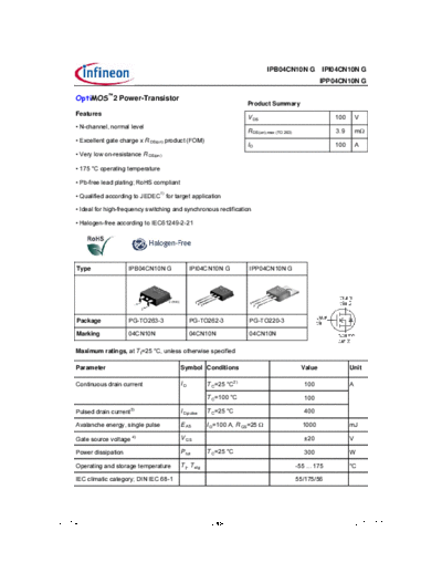 Infineon ipp04cn10n rev1.4  . Electronic Components Datasheets Active components Transistors Infineon ipp04cn10n_rev1.4.pdf
