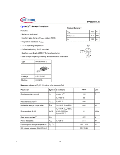 Infineon ipp06cn10l rev1[1].01  . Electronic Components Datasheets Active components Transistors Infineon ipp06cn10l_rev1[1].01.pdf
