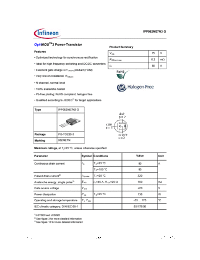 Infineon ipp062ne7n3 rev20  . Electronic Components Datasheets Active components Transistors Infineon ipp062ne7n3_rev20.pdf