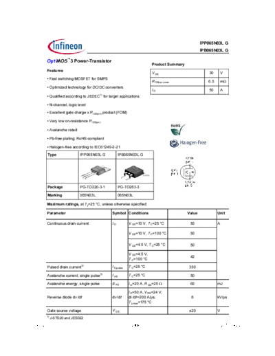 Infineon ipp065n03l rev2.0  . Electronic Components Datasheets Active components Transistors Infineon ipp065n03l_rev2.0.pdf